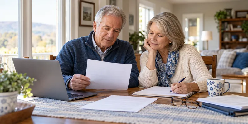 Older couple reviewing papers beside a laptop at a dining table