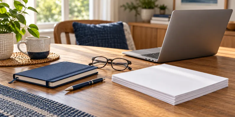 Notebook, reading glasses, blank papers, and laptop on a wooden table