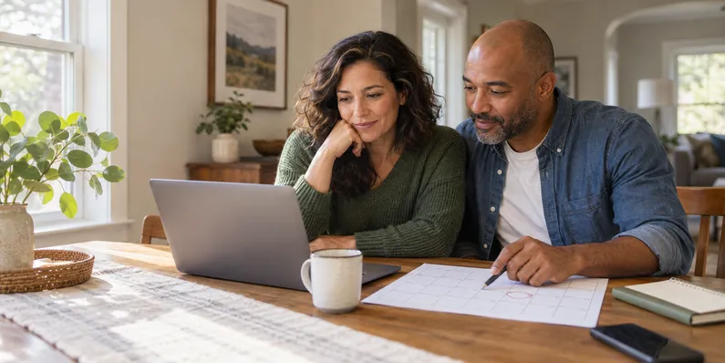 Two adults reviewing a laptop and paper calendar at a table
