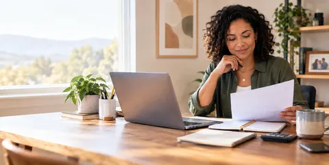 Person reading papers beside a laptop at a home desk