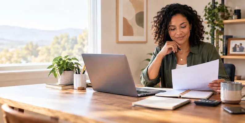Person reading papers beside a laptop at a home desk